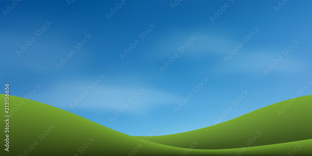 Obraz premium Green grass hill with blue sky. Abstract background park and outdoor for landscape idea. Use for natural article both on print and website. Vector.