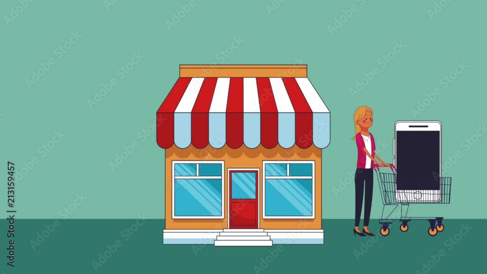 Young woman shopping smartphone at store High Definition animation colorful scenes Young woman shopping smartphone at store High Definition animation colorful scenes