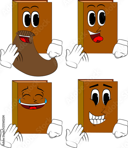 Books cooling himself with his hand. Cartoon book collection with happy faces. Expressions vector set.