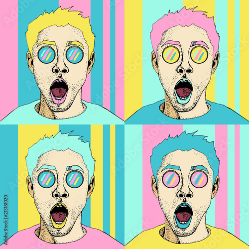  Wow pop art male face seamless pattern. Sexy surprised man with open mouth. Colorful vector background in pop art retro comic style. 