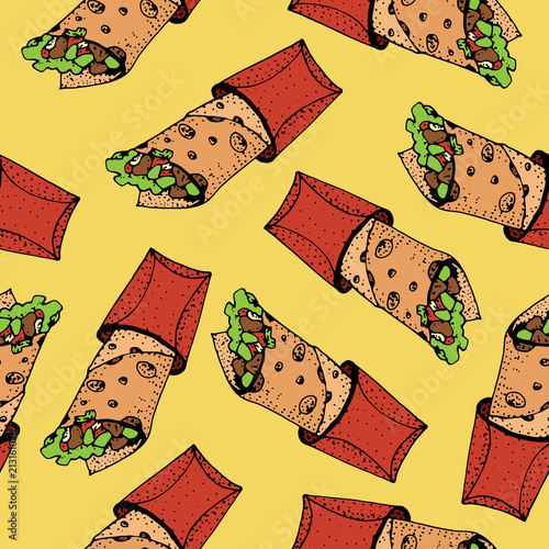 Seamless pattern of doner kebab. Roll, chicken roll, fast food, kebab, shawarma. Cartoon style. Hand drawn vector illustration.