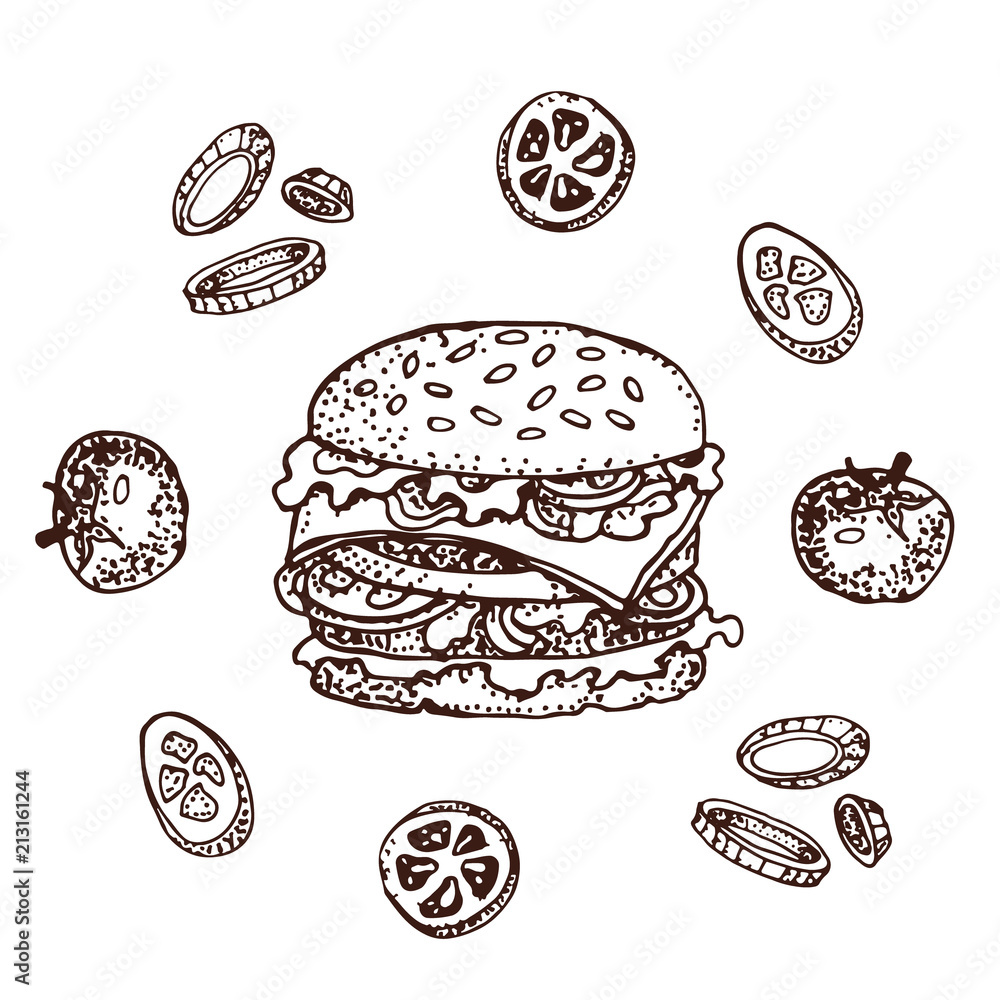 Vector hand drawn illustration of burger and ingridients: cucumber , tomato and onion. Doodle set of fast food.  Isolated on white. For restaurant, menu, street food, bakery, cafe, flyer