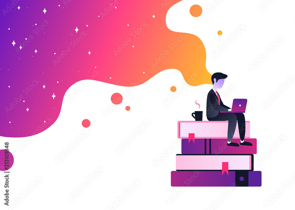 Vector ultra violet gradient illustration of creativity in Internet. Bright colorful splash with businessman working with laptop. Creative process and brainstorming. - obrazy, fototapety, plakaty 
