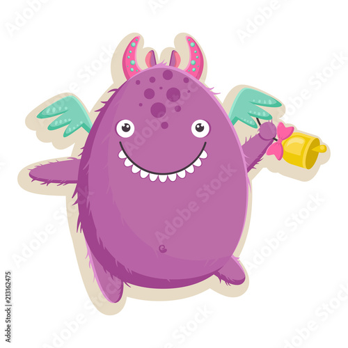 Vector illustration with cute little purple monster is ready for the first day of school with a bell in his paw. photo