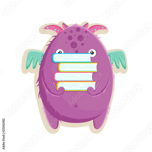 Vector illustration with cute little purple monster is ready to back to school with a books. photo