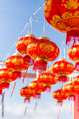 Hanging red lanterns with Chinese traditional patterns and script in Chinese New year Spring Festival