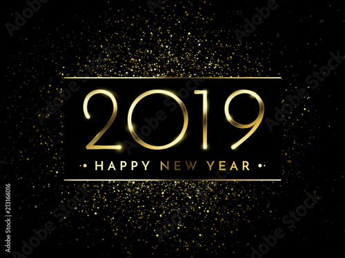 Happy New Year of glitter gold fireworks. Vector golden glittering text and 2019 numbers with sparkle shine for holiday greeting card