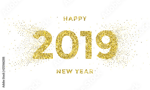 2019 Happy New Year greeting card of vector golden stars glitter confetti for Christmas holiday celebration on white sparkling background