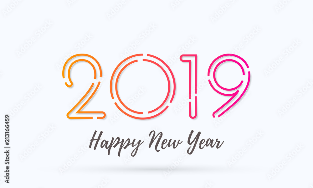 Happy New Year 2019 greeting card with numbers. Vector calligraphy lettering text for Christmas holiday celebration white background Happy New Year 2019 greeting card with numbers. Vector calligraphy lettering text for Christmas holiday celebration white background