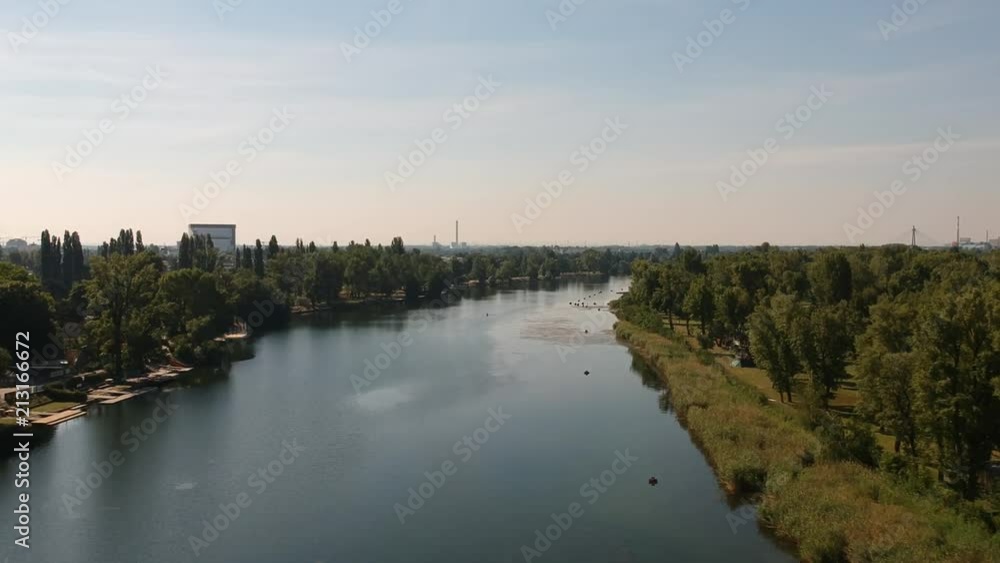 Drone flight over Alte Donau lake in Vienna, Austria Drone flight over Alte Donau lake in Vienna, Austria