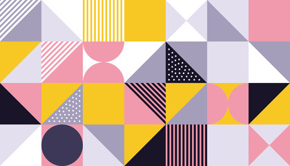 Fototapete Muster im skandinavischen Stil Geometrisches Musterdesign der skandinavischen abstrakten Farbe oder der Schweizer Geometrie druckt Hintergrund mit Rechtecken, Quadraten und Kreisen  © Ron Dale