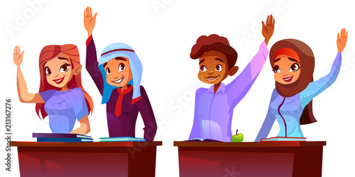 Vector illustration of college students - multicultural pupils. Education of arabic, african and caucasian people. Diverse multi-ethnic group, cartoon characters.