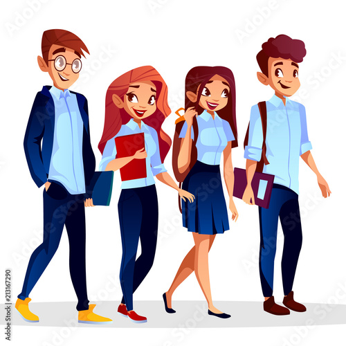 Vector illustration of school, college students, smart pupils. Education of young people. Diverse group in university clothing, uniform. Cartoon characters.