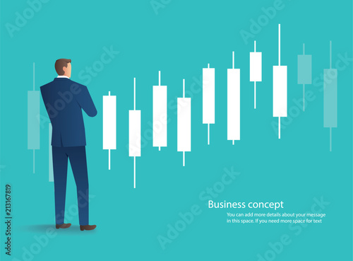 businessman standing with candlestick chart background, concept of stock market, vector illustration 