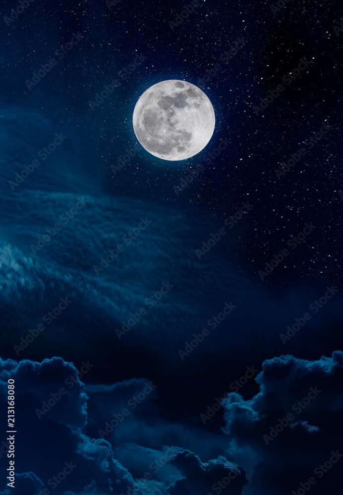 Landscape of night sky and bright full moon with many stars.