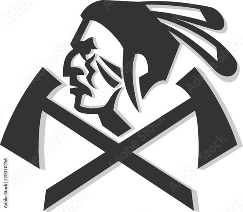 Native American Warrior Crossed Hatchet Mascot