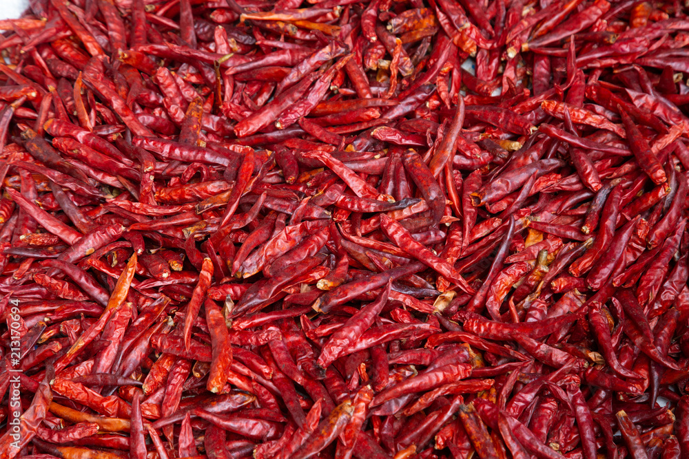 Dried red hot chilli peppers, food ingredient