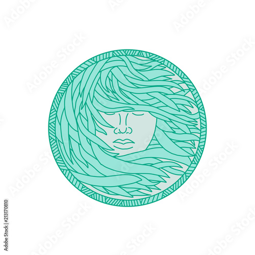 Polynesian Woman Sea Kelp Hair Circle Mono Line
