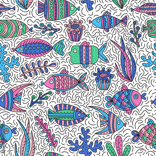 Seamless pattern with cute fishes and seaweeds