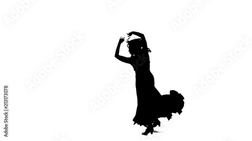 Flamenco. Professional dancer sexually moves her hips to the beat of the music. White background. Silhouette. Slow motion
