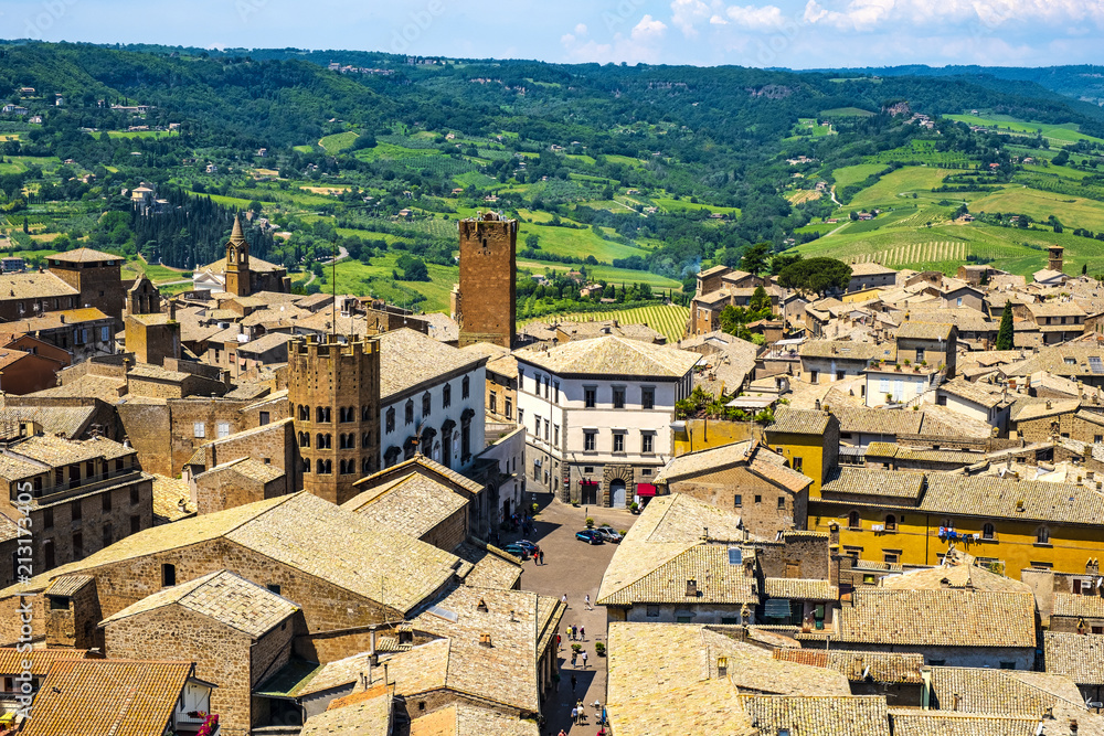 Orvieto, Italy - Panoramic view of Orvieto old town and Umbria region with Piazza Repubblica square and town hall Comune di Orvieto