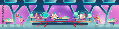 Vector horizontal background with alien spaceship orlop. Astronauts, robots inside the rocket, porthole. Control panel with screens for cockpit. Cosmos cartoon characters and devices.