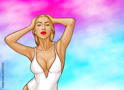 Vector pop art blonde woman with wet hair, blue eyes in white one-piece swimming suit isolated on abstract background. Sexy character in underwear for ad poster, promo banner, design illustration.