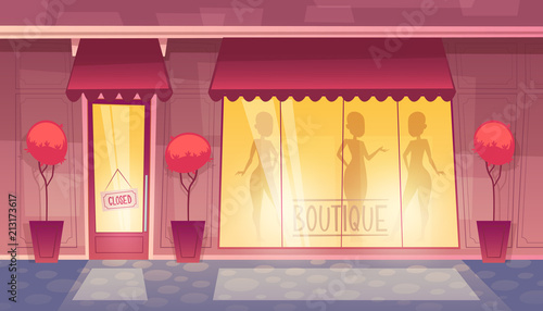 Vector closed boutique with shop-window, clothing market at evening, night. Cartoon commercial mall with trees in vases, decoration. Illuminated facade with mannequins behind the glass.