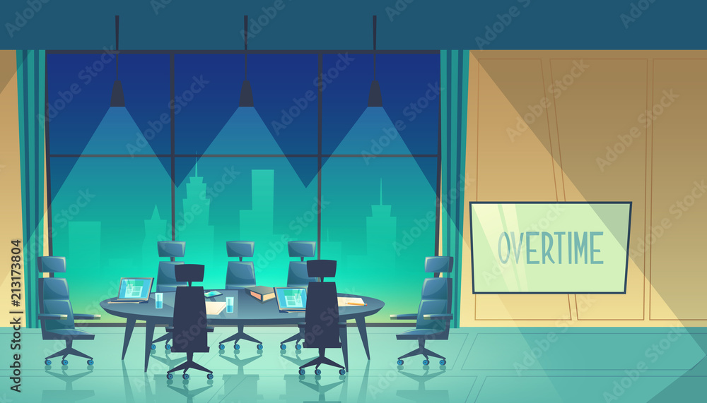 Fototapeta premium Vector overtime concept - conference hall for business seminar at night, working process in dark evening. Room in skyscraper, urban view from window. Teamwork space in cartoon space