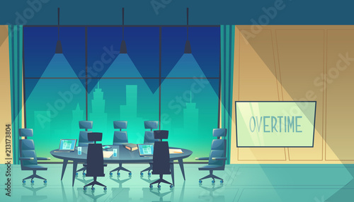 Vector overtime concept - conference hall for business seminar at night, working process in dark evening. Room in skyscraper, urban view from window. Teamwork space in cartoon space