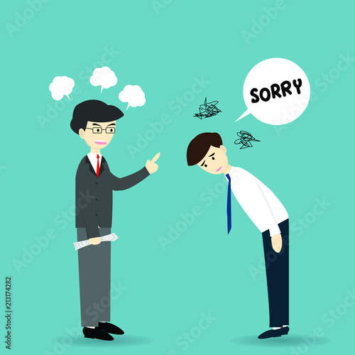 Boss or business leader feeling angry and blames his employee and the employee feeling sorry.