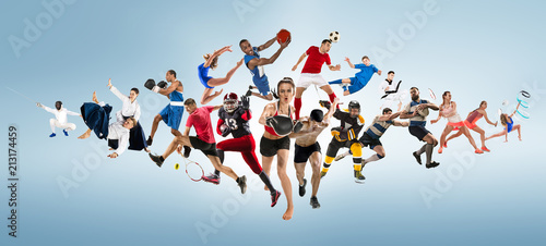 Sport collage about kickboxing, soccer, american football, basketball, ice hockey, badminton, taekwondo, tennis, rugby