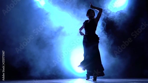 Dancer in a chic dress in an incendiary dance of flamenco . Llight from behind. Smoke background. Silhouette. Slow motion