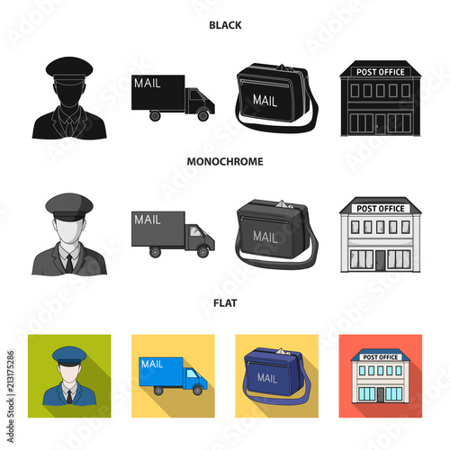 The postman in uniform, mail machine, bag for correspondence, postal office.Mail and postman set collection icons in black, flat, monochrome style vector symbol stock illustration web.