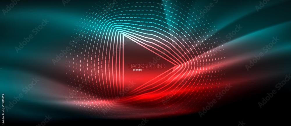 Obraz premium Neon glowing wave, magic energy and light motion background. Wallpaper template, hi-tech future concept