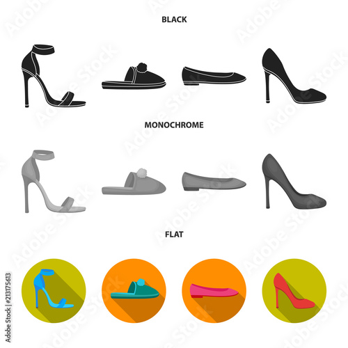 Blue high-heeled sandals, homemade lilac slippers with a pampon, pink women ballet flats, brown high-heeled shoes. Shoes set collection icons in black, flat, monochrome style vector symbol stock