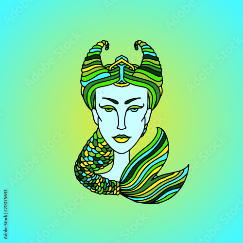 Capricorn girl portrait. Zodiac sign. Green and yellow vector illustration.
