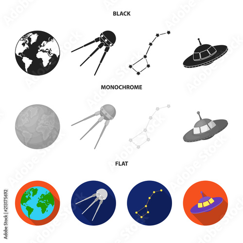 Planet Earth with continents and oceans, flying satellite, Ursa Major, UFO. Space set collection icons in black, flat, monochrome style vector symbol stock illustration web.