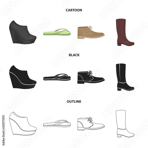 Autumn black shoes on a high platform, flip-flops green for relaxation, sandy men autumn shoes, high brown boots. Shoes set collection icons in cartoon,black,outline style vector symbol stock