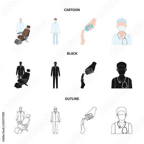 Doctor in a face mask, dentist, medical staff, a blood test for sugar. Medicineset collection icons in cartoon,black,outline style vector symbol stock illustration web.