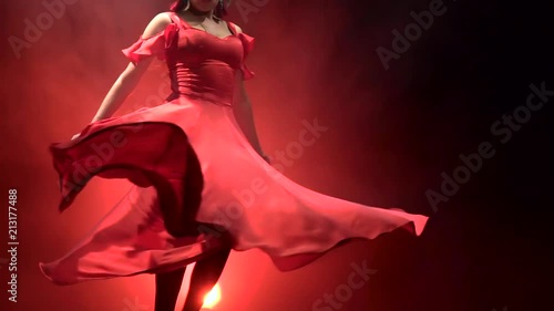 Dancer in a chic dress turns in an incendiary dance of Argentine flamenco . Llight from behind. Smoke background. Slow motion.