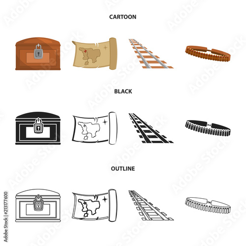 Treasure map, chest, rails, patrol.Wild west set collection icons in cartoon,black,outline style vector symbol stock illustration web.