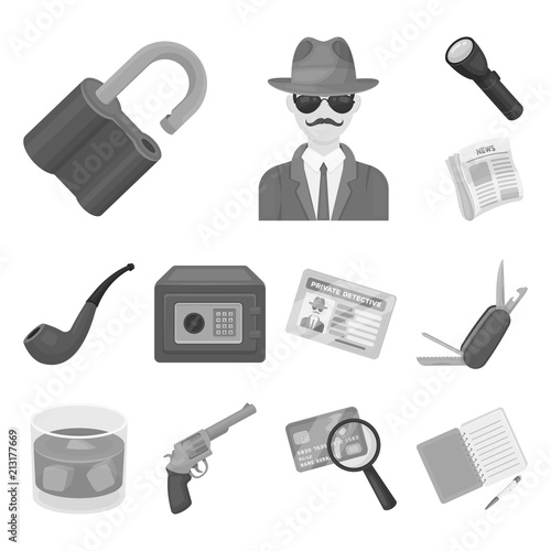 Detective and Attributes monochrome icons in set collection for design.Detective Agency vector symbol stock web illustration.