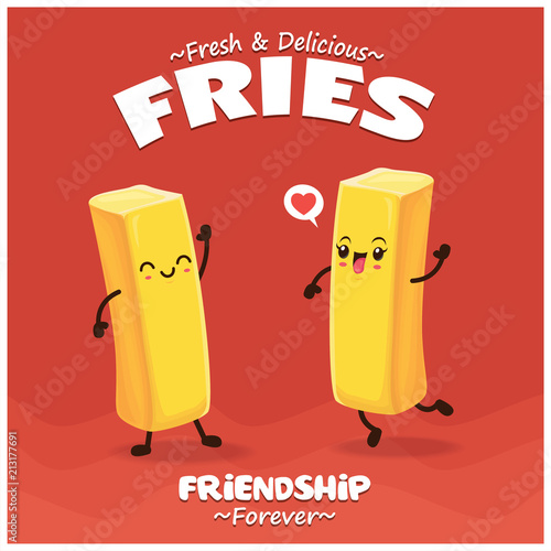Vintage Summer poster with french fries, chips character.