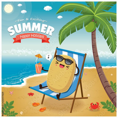 Vintage Summer poster with potato character, beach chair, palm tree.