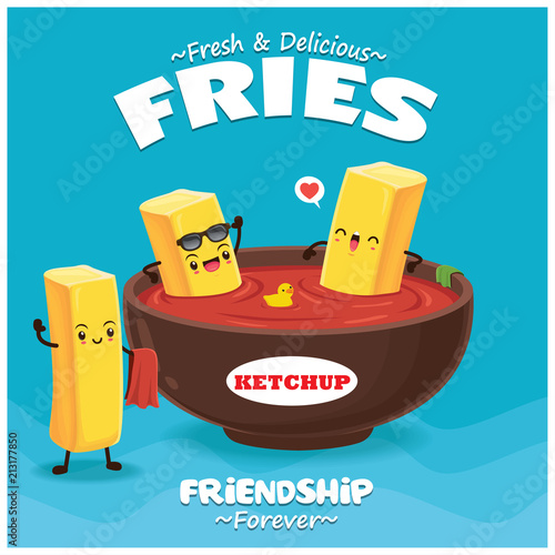 Vintage Summer poster with french fries, chips character.