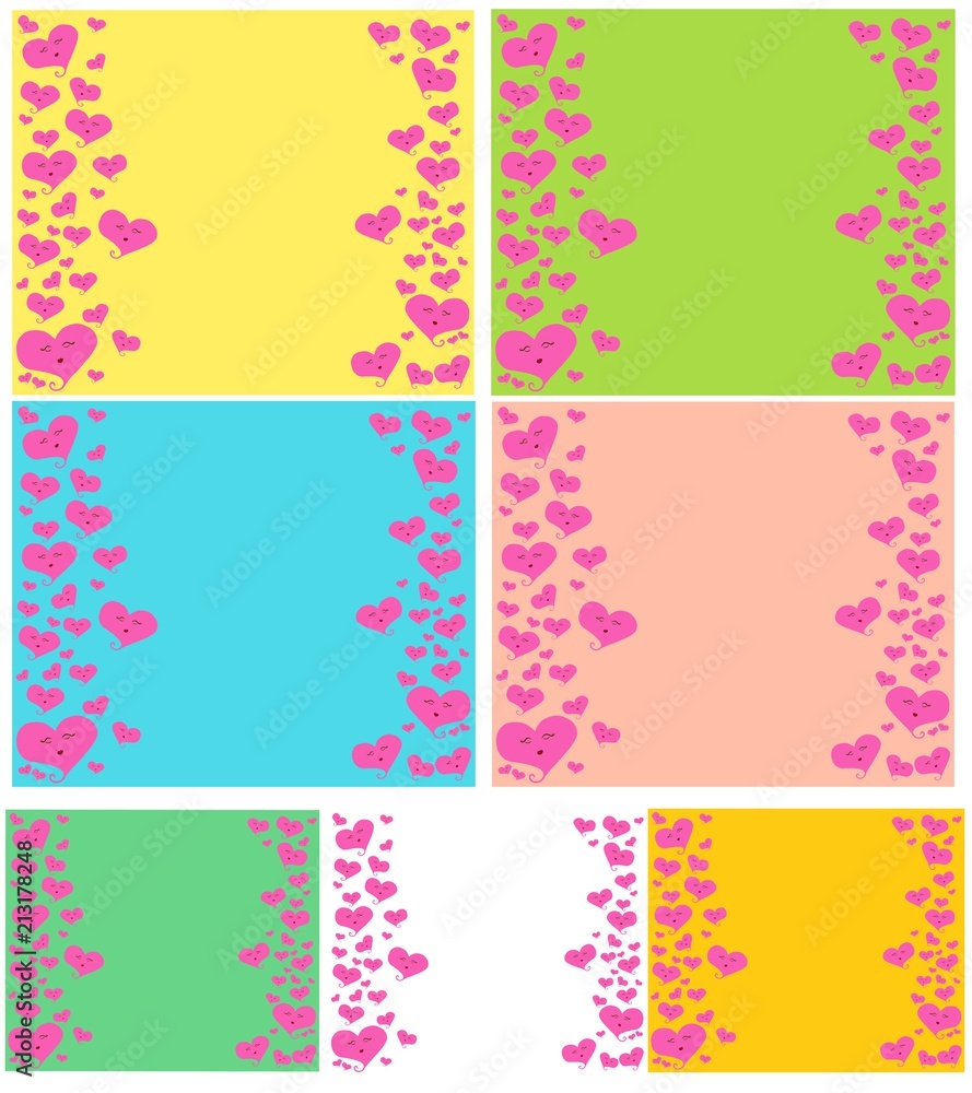 Set of  Heart with pink on pink, yellow, green,blue and white background, Background for banner, Valentine's Day design, Love concept, greeting card, postcard, wedding invitation