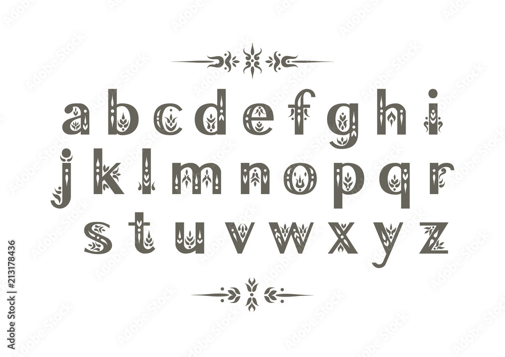 Vector decorative alphabet. Sans Serif lowercase letters decorated with vintage flourishes. For wedding design.