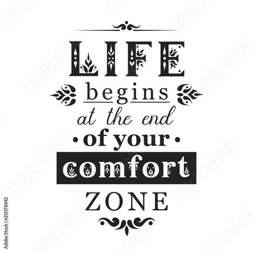 Lettering poster "Life begins at the eng of your comfort zone" made of vintage letters of different styles.