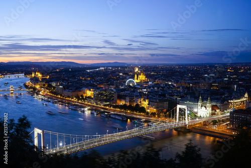 The view of Erzsebet bridge on the Danube river at night in Budapest, Hungary
